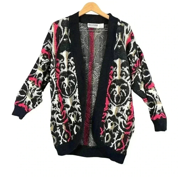 VTG Western Connection Women's Black Red Sweater MEDIUM Acrylic Pockets - Picture 1 of 9